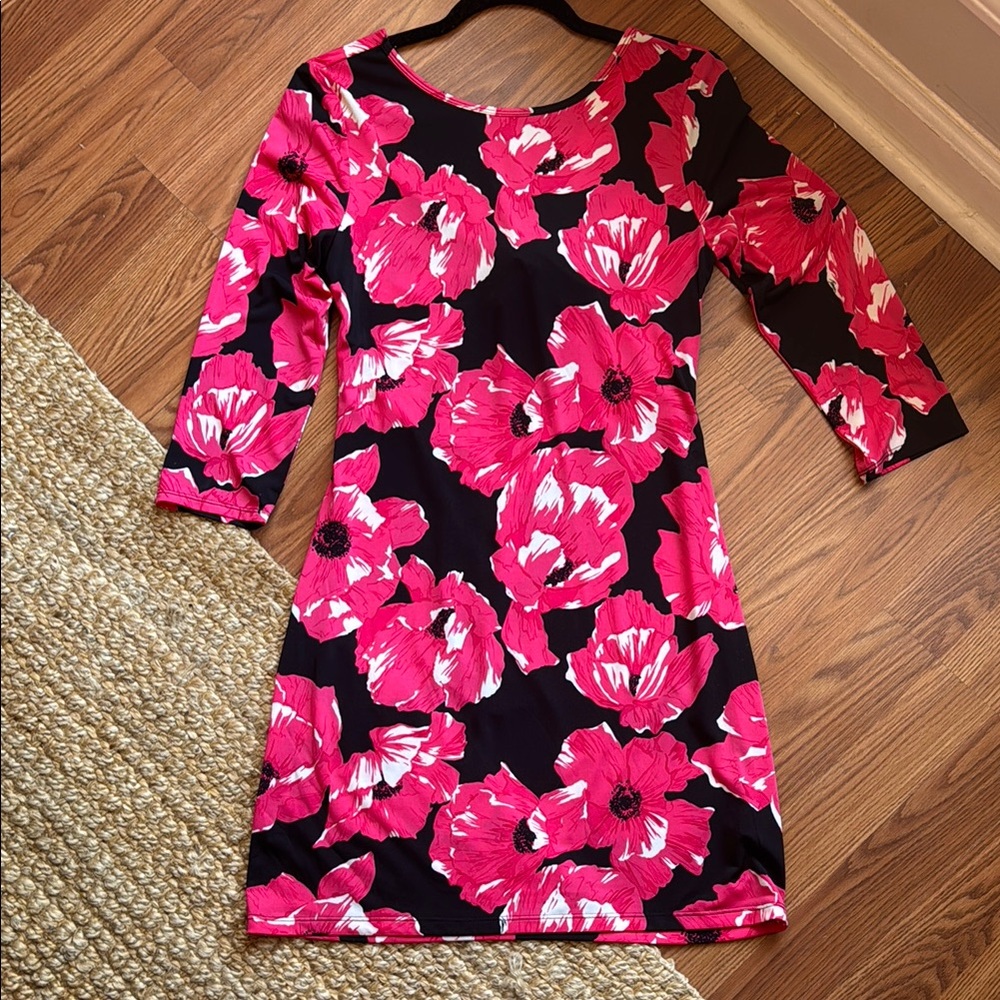 Trina by Trina Turk Stretchy Black with Pink Floral Dress, Medium